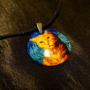 Murano Venetian Glass Cat / Starry Night Pendant